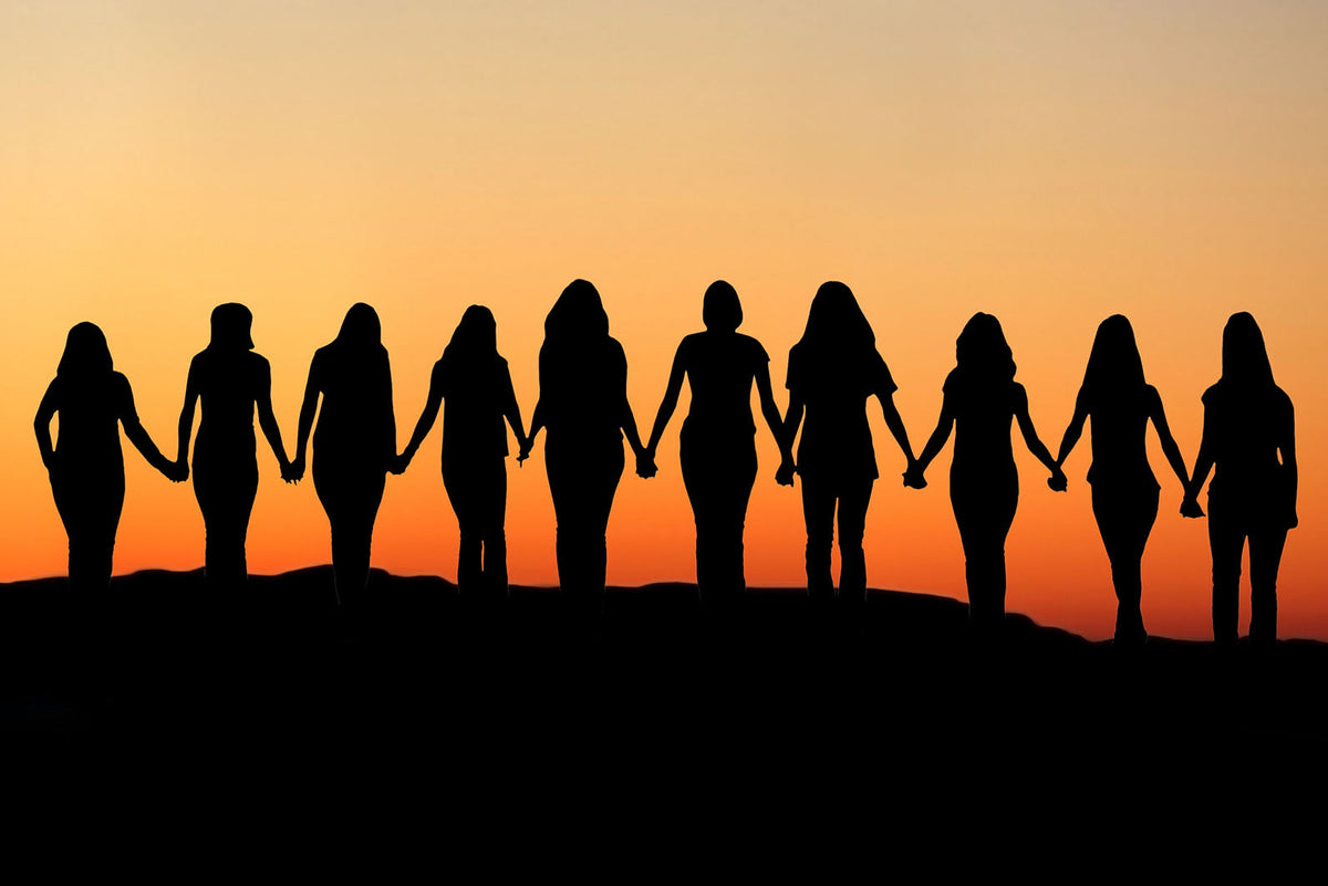 Silhouettes of women holding hands at sunset, representing unity and empowerment.