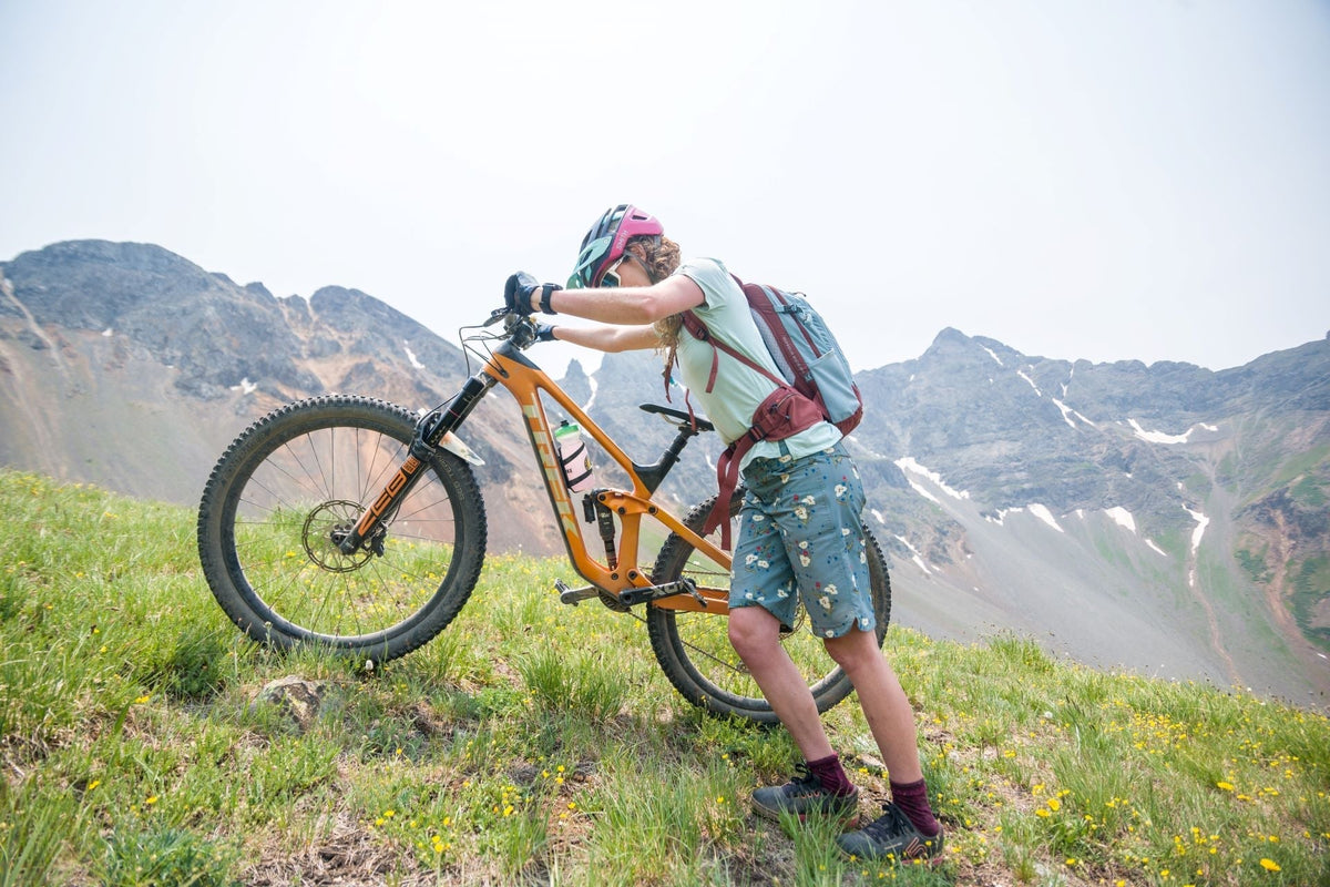 A person pushing a mountain bike uphill in a mountainous landscape