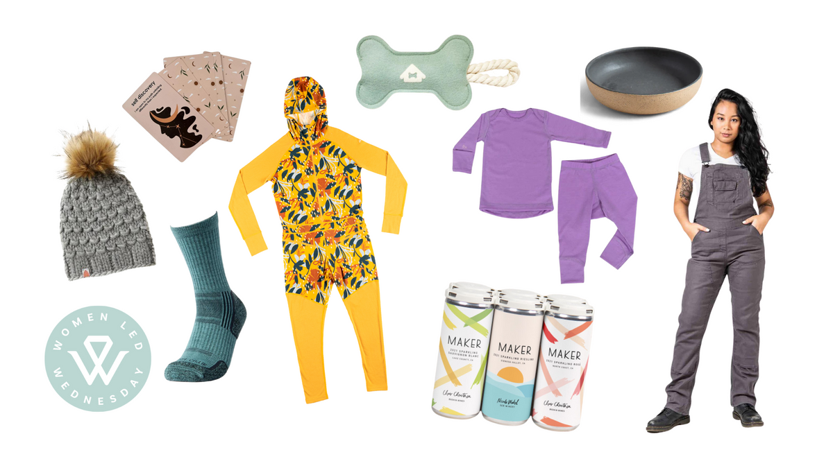 Collage of gifts including clothing, accessories, and home items for women-led brands.