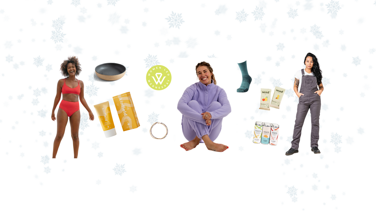 Collage of gifts from women-led brands including skincare products, clothing, and accessories.