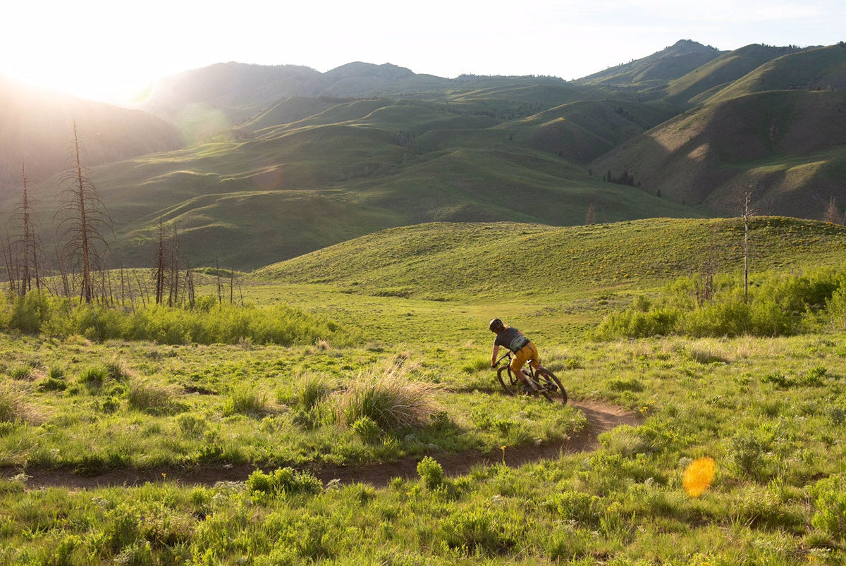 A mountain biker riding on a trail through green hills at sunset.