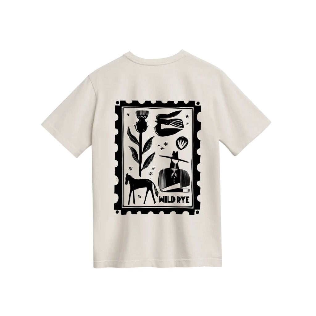 Back view of beiige t-shirt with black graphic design on back
