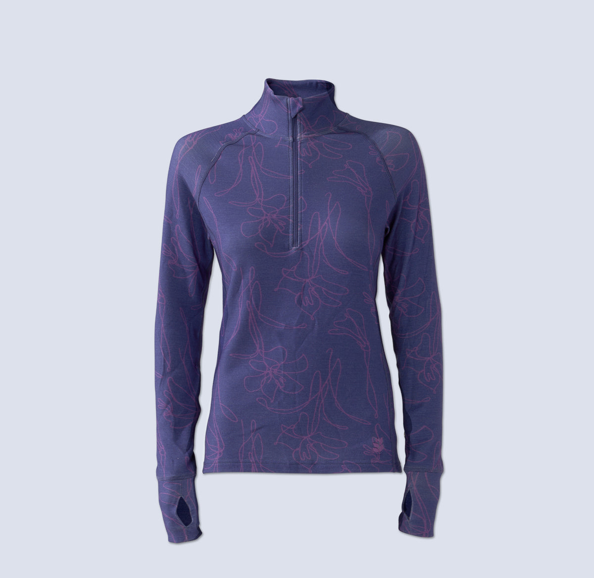 [Storm Contour] Bassett Half zip in storm purple with light purple floral pattern, flatlay