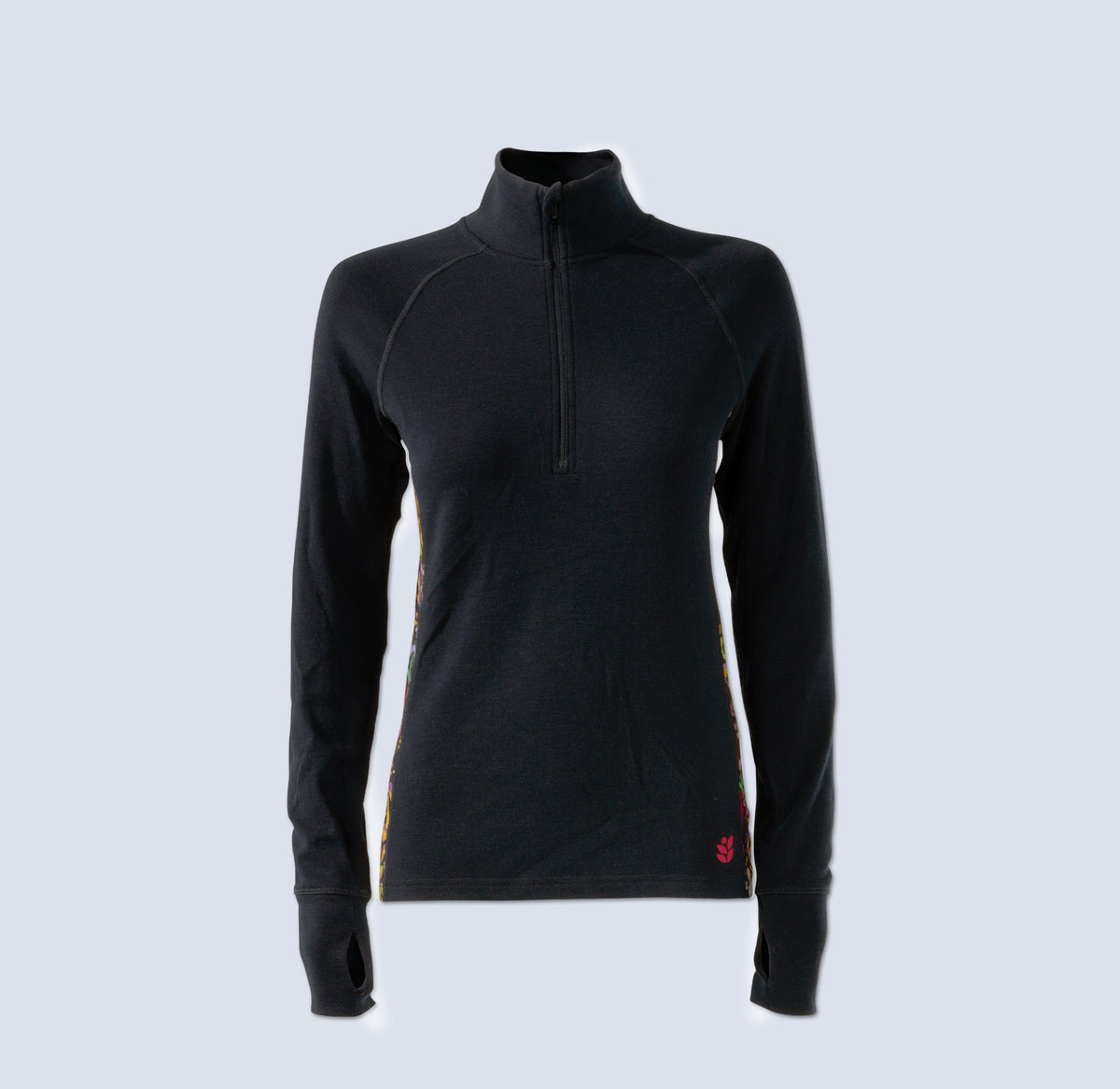 [Understory Blocked] Bassett half zip in black with understory blocked side panels, flatlay