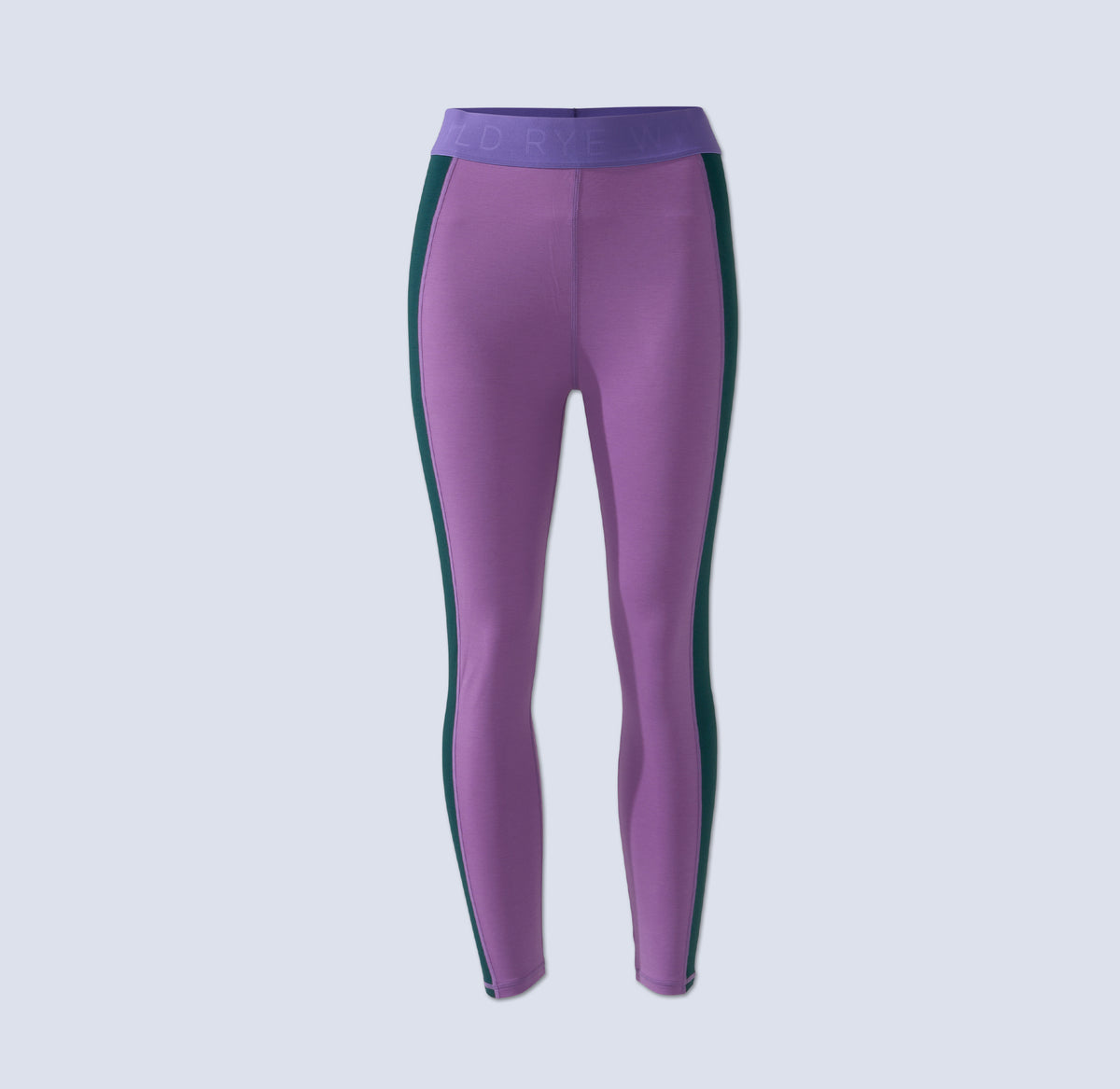 [Amethyst Blocked] Purple baselayer legging with green colorblocked stripe on each leg, flatlay
