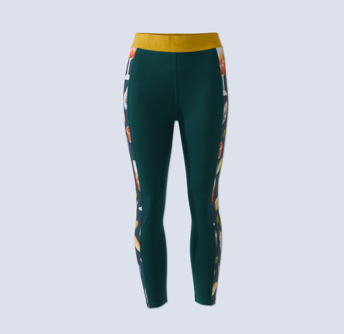 [Spruce Spuntini] Bassett Legging Lite spruce spuntini flatlay. Green with aperitivo snacks print