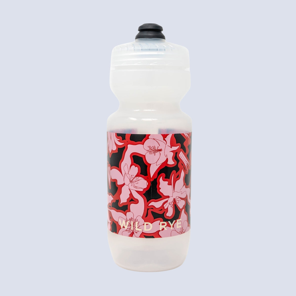 [Garnet Aquila Bloom] White water bottle with red floral design and 'Wild Rye' branding 
