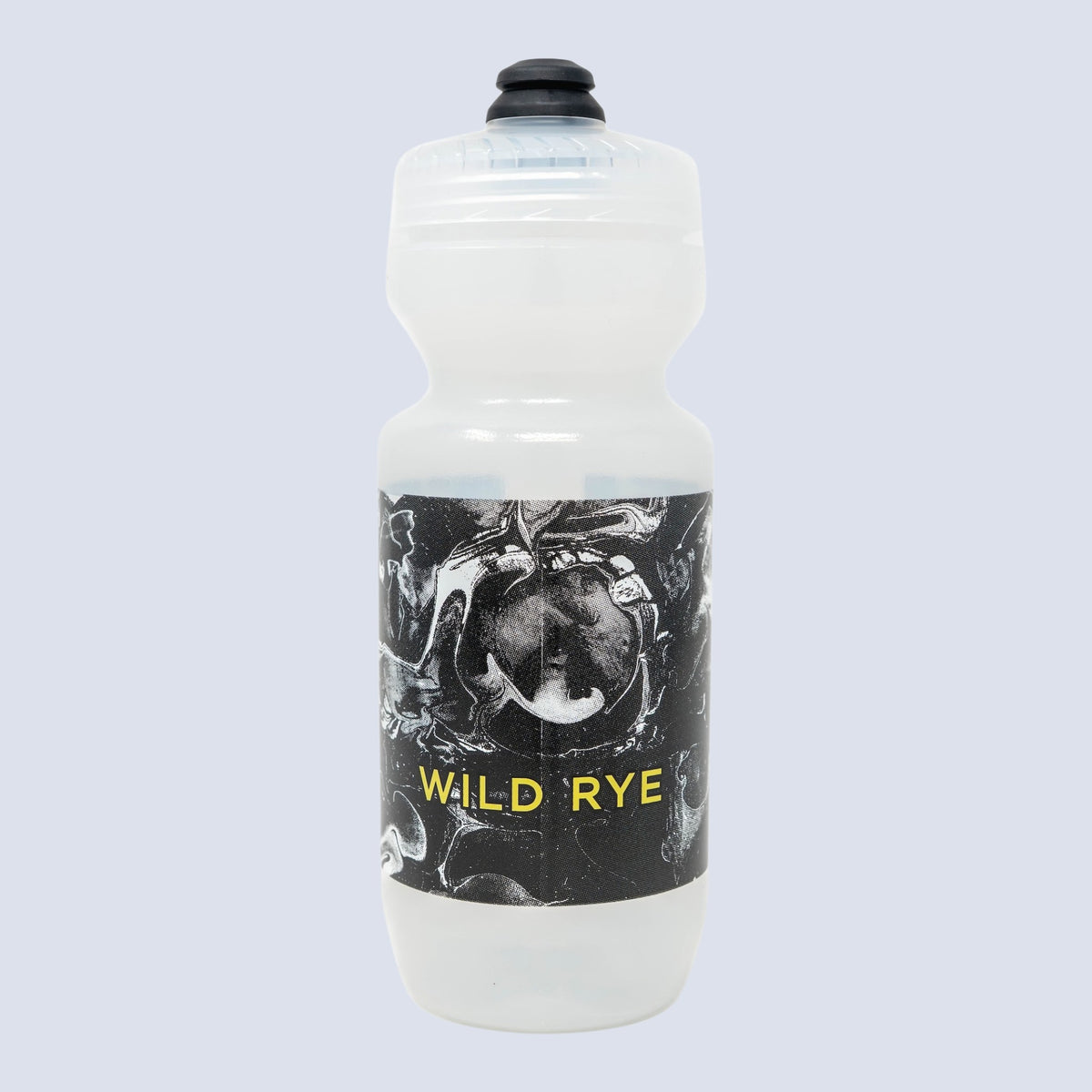 [Greyscale Marble] White water bottle with black label featuring 'Wild Rye' on a light gray background