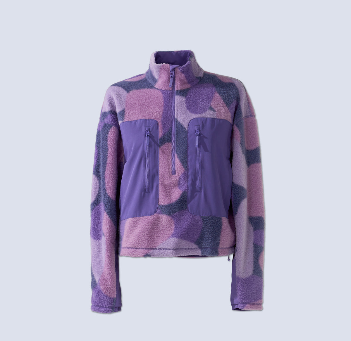 [Grape Expectations] Danner 3/4 Zip flatlay in purple and pink spotted pattern, grape expectations