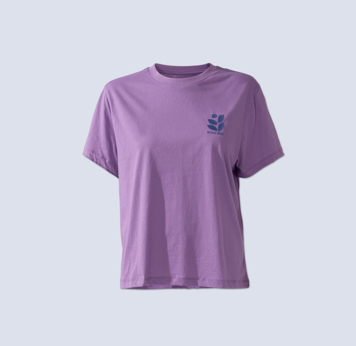 Purple t-shirt with an embroidered wild rye logo on chest