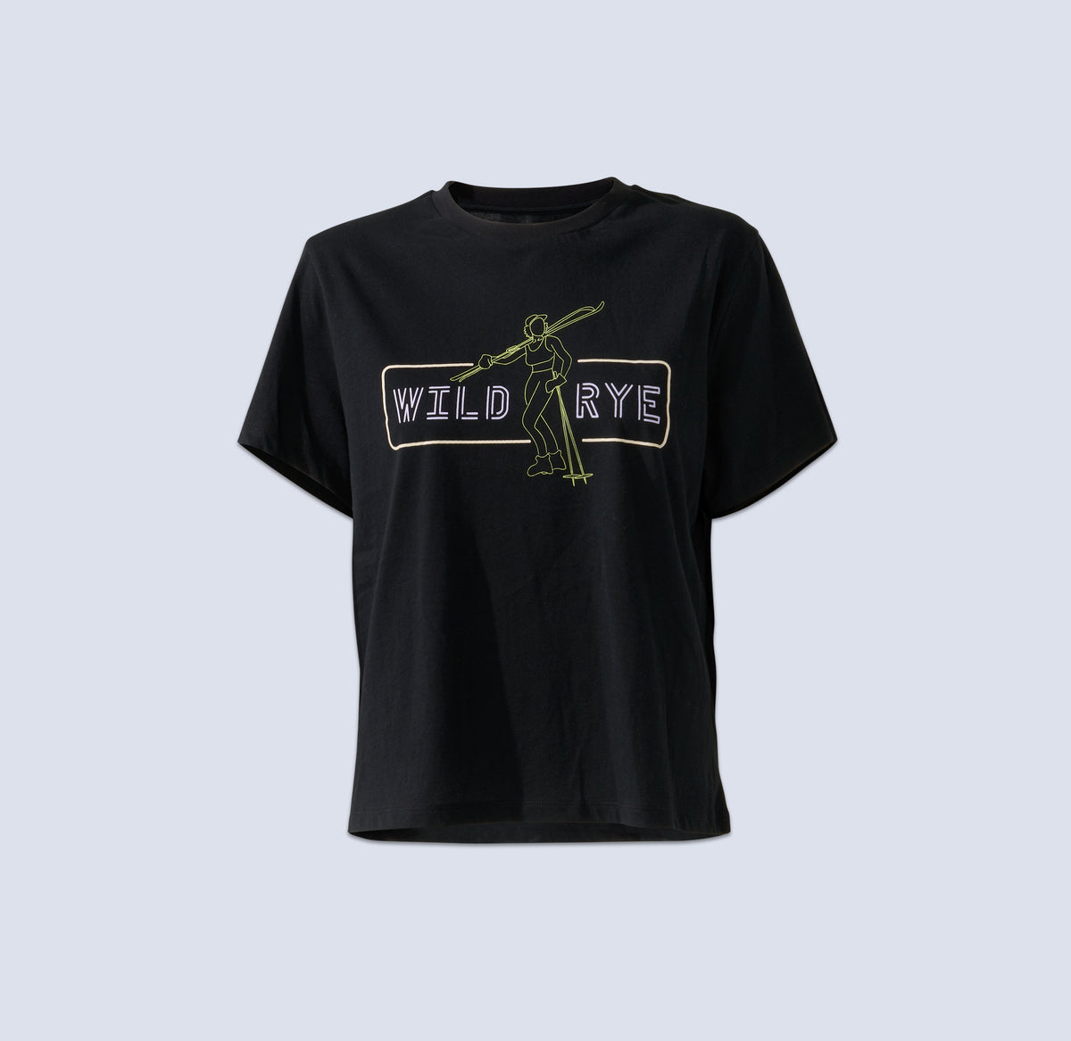 Black t-shirt with 'Wild Rye' text and a graphic of a skier on the front