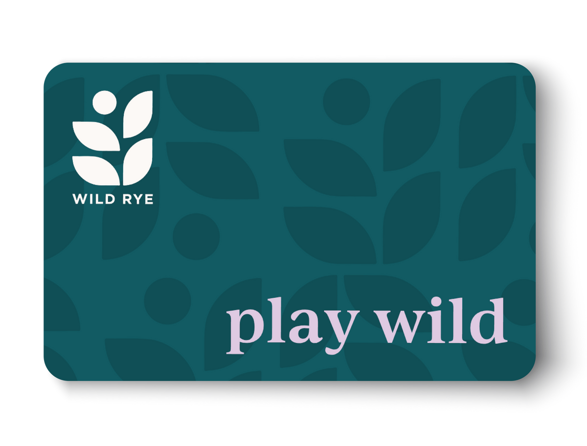 Teal card with 'Wild Rye' logo and 'play wild' text on a white background