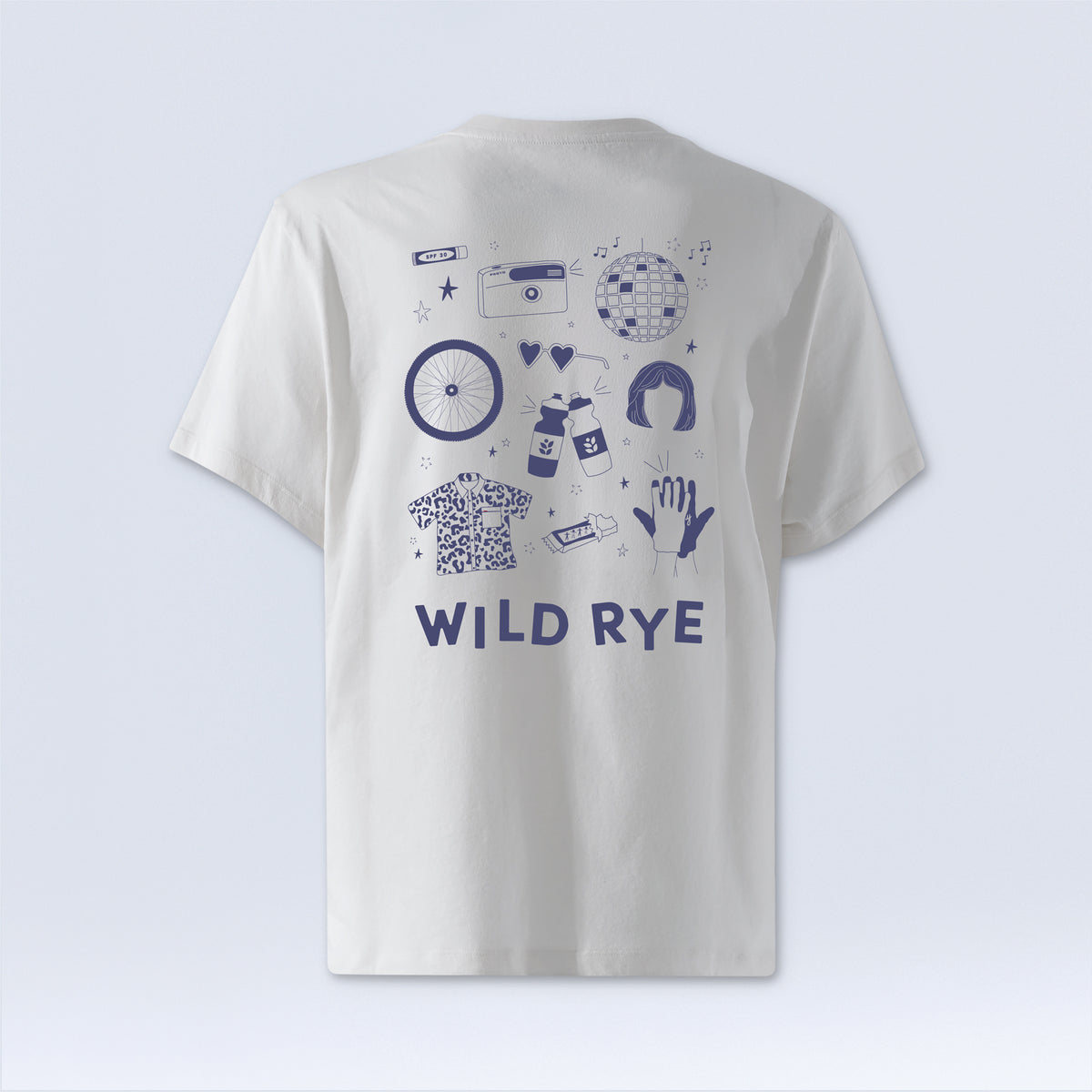 White t-shirt with blue graphics and 'Wild Rye' text on a light gray background