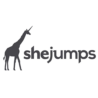 Logo of She Jumps featuring a giraffe and the text 'shejumps'