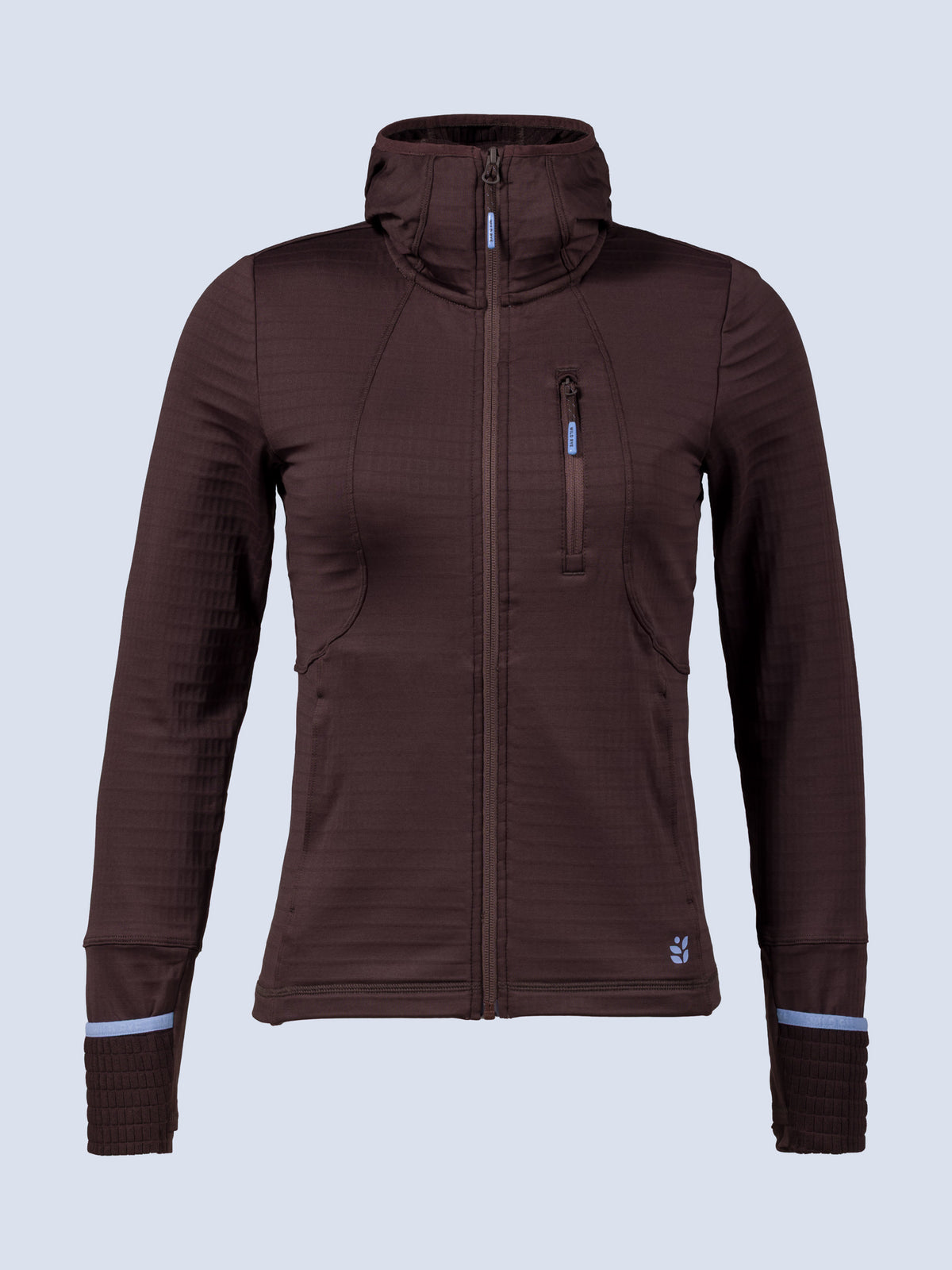 [Espresso] A dark brown long-sleeve athletic jacket with a high mock neck, full zip front, and zippered chest pocket, shown on a light blue-gray background.