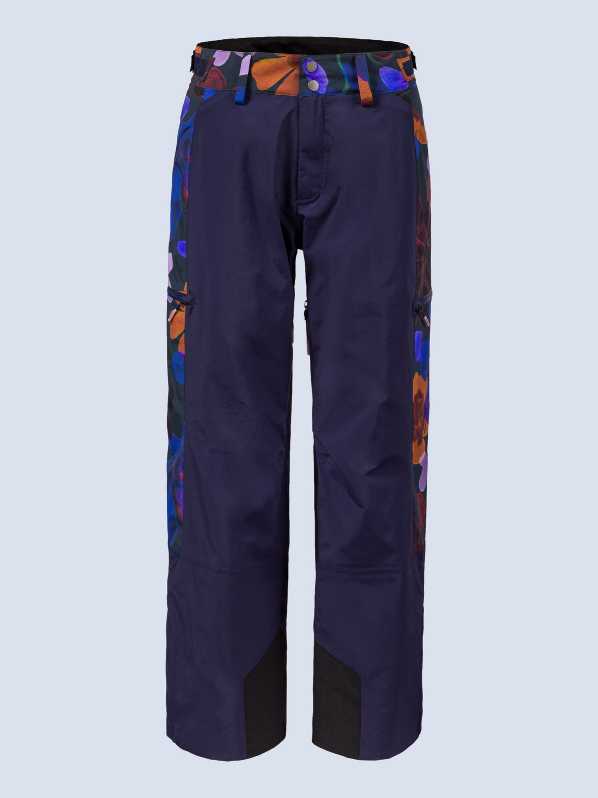 [Nightflora] Roundhouse 2L Insulated Pant in navy with nightflora floral print panels, flatlay