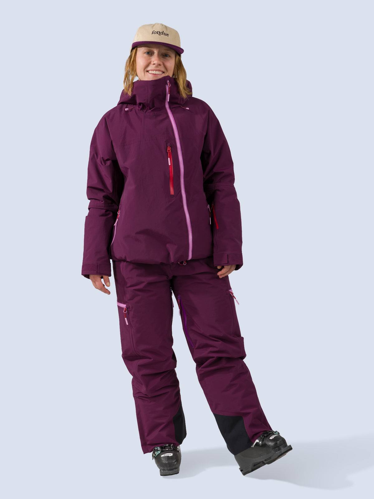 [Mulberry] Roundhouse 2L Insulated Pant in mulberry purple, on model front full body view with matching jacket