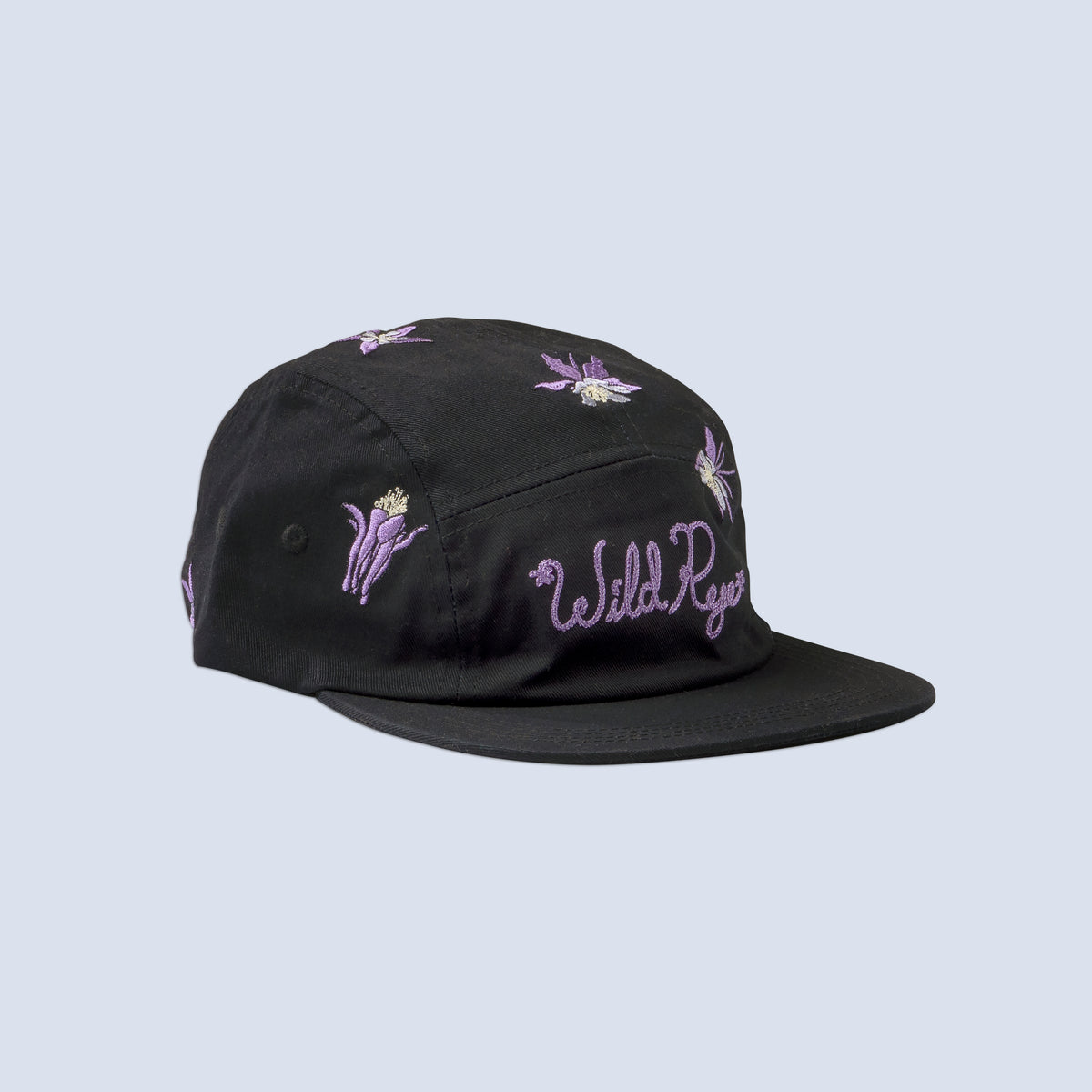 [Black Aquila Embroidery] Black baseball hat with floral embroidery on a light gray background