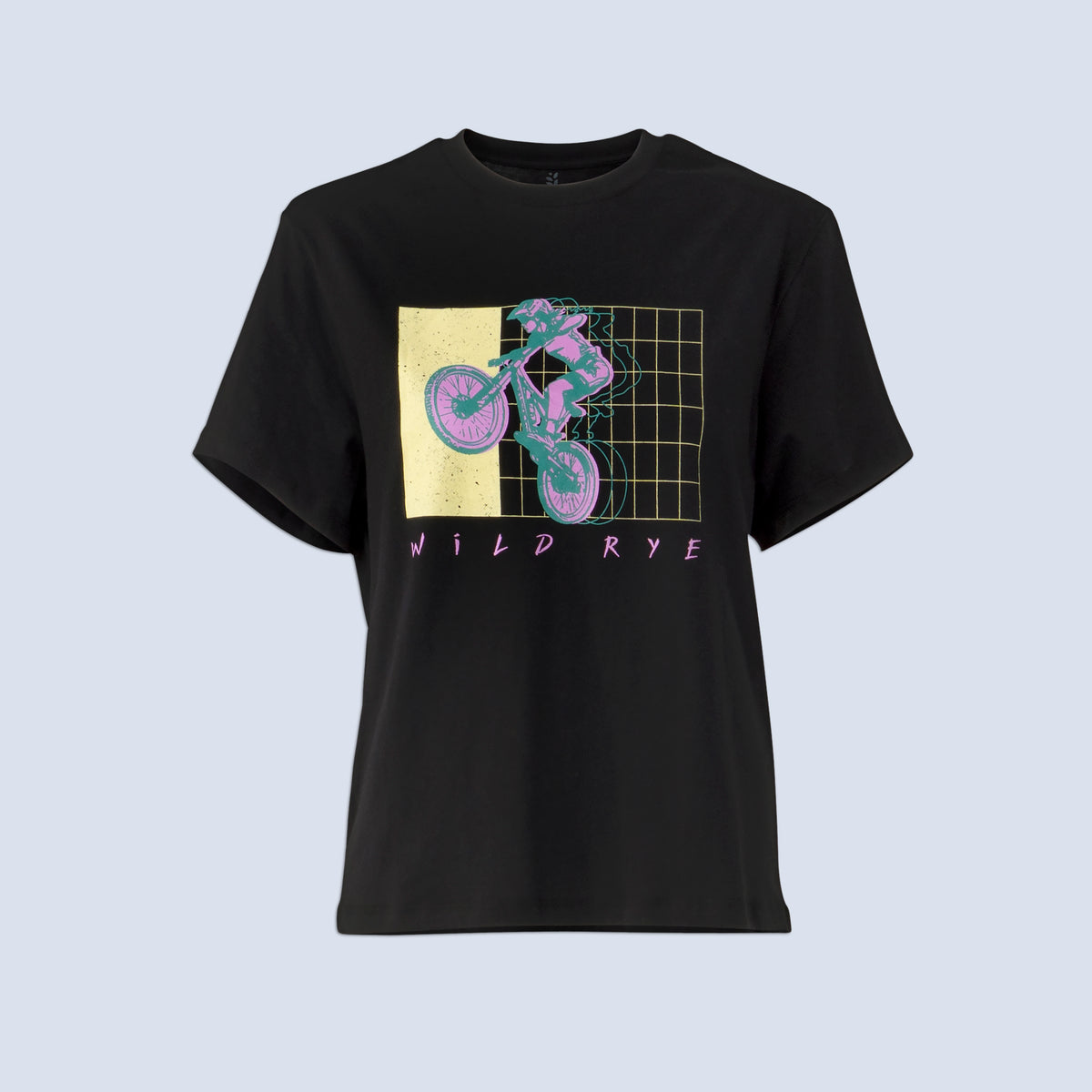 Black t-shirt with 90's inspired mountain bike graphic design and 'Wild Rye' text 
