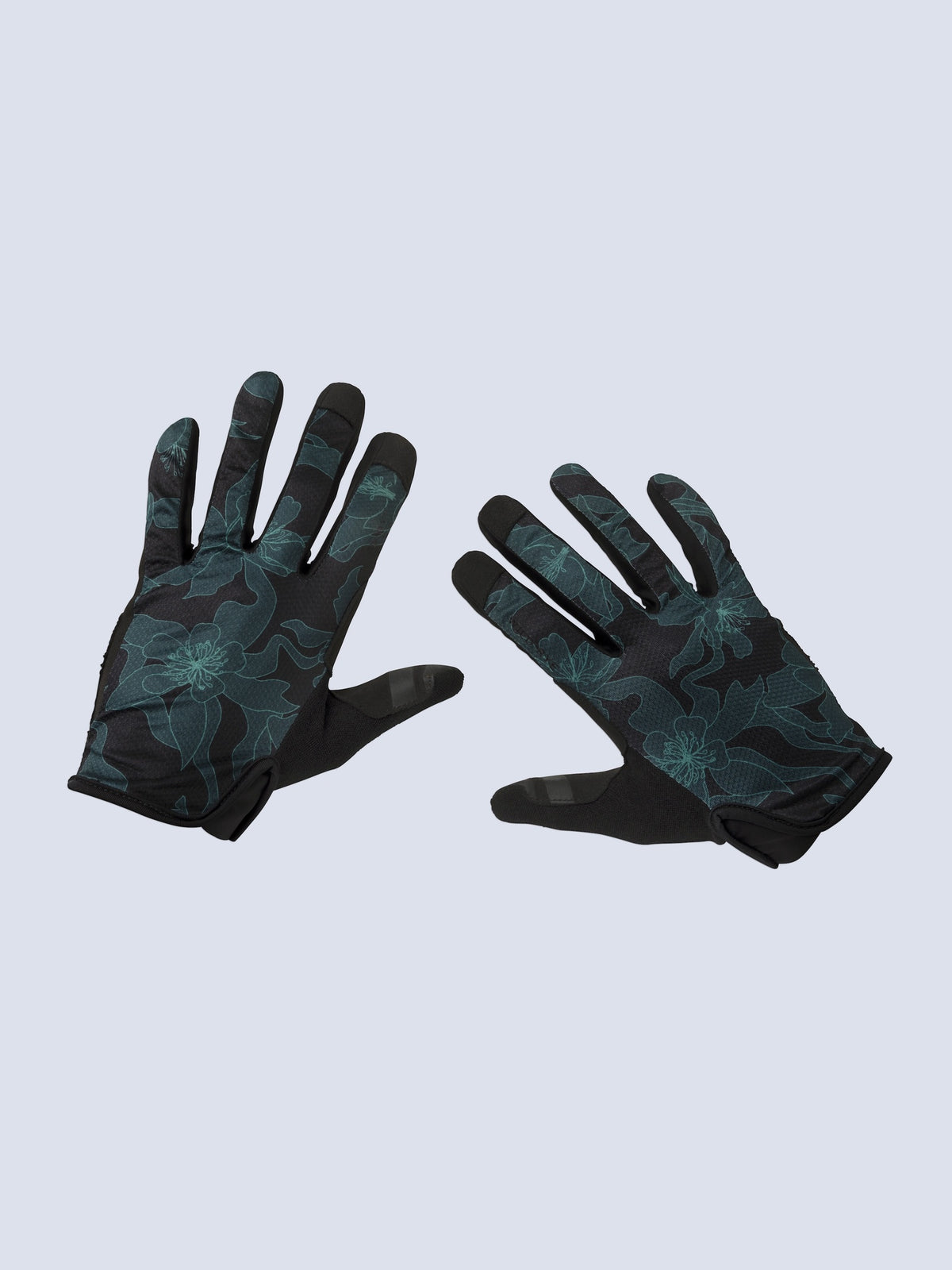 [Dark Aquila] Dark green floral print galena gel mountain bike gloves top view