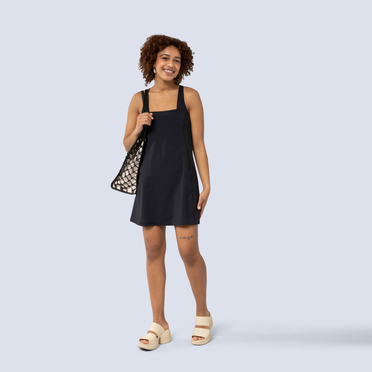 [Black] Parker Dress in Black, on model front full body view