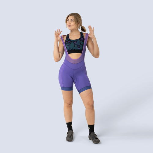 [Iris] Billie Stash Bib in Iris, on model front full body view