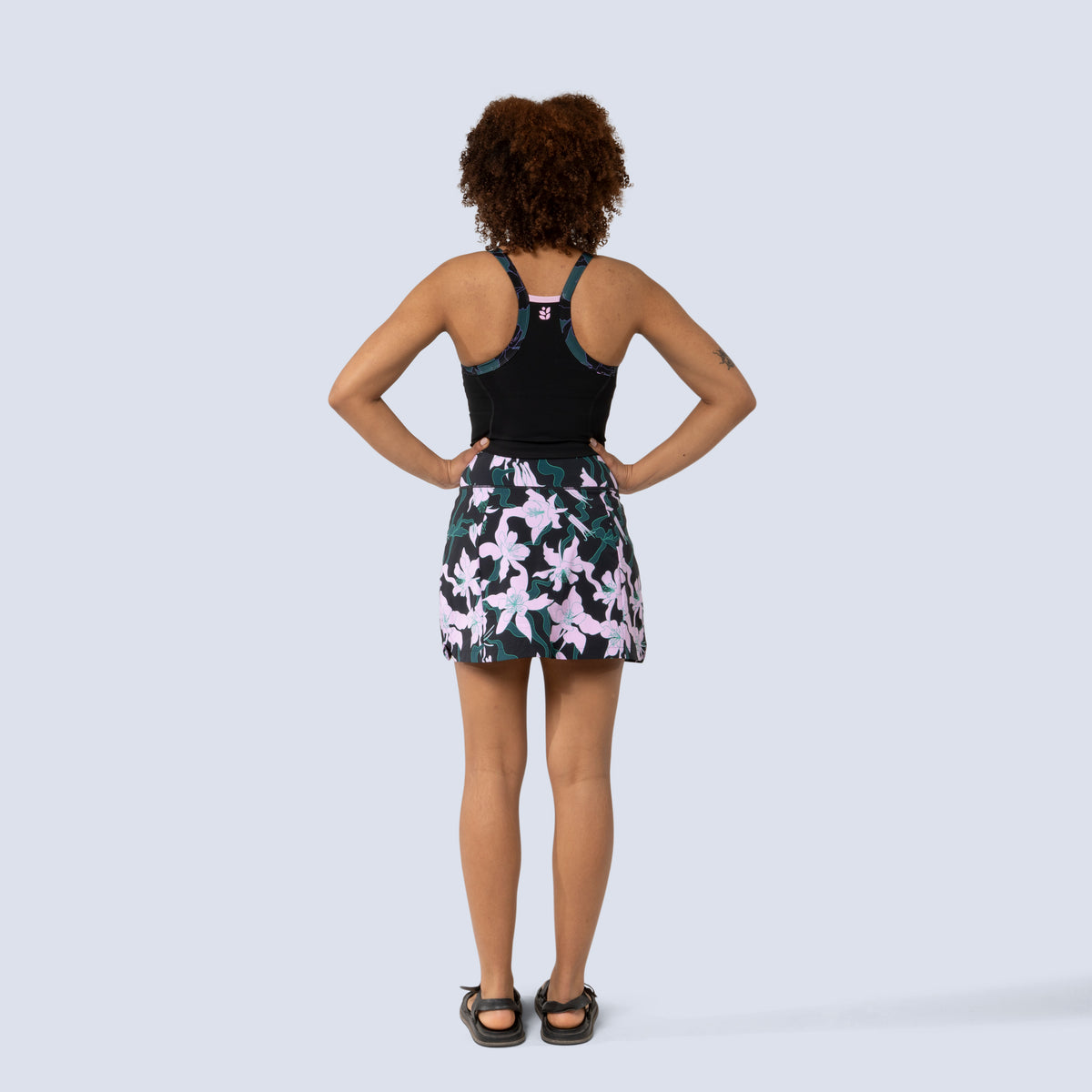[Black] Lucille crop tank in black, on model back full body view