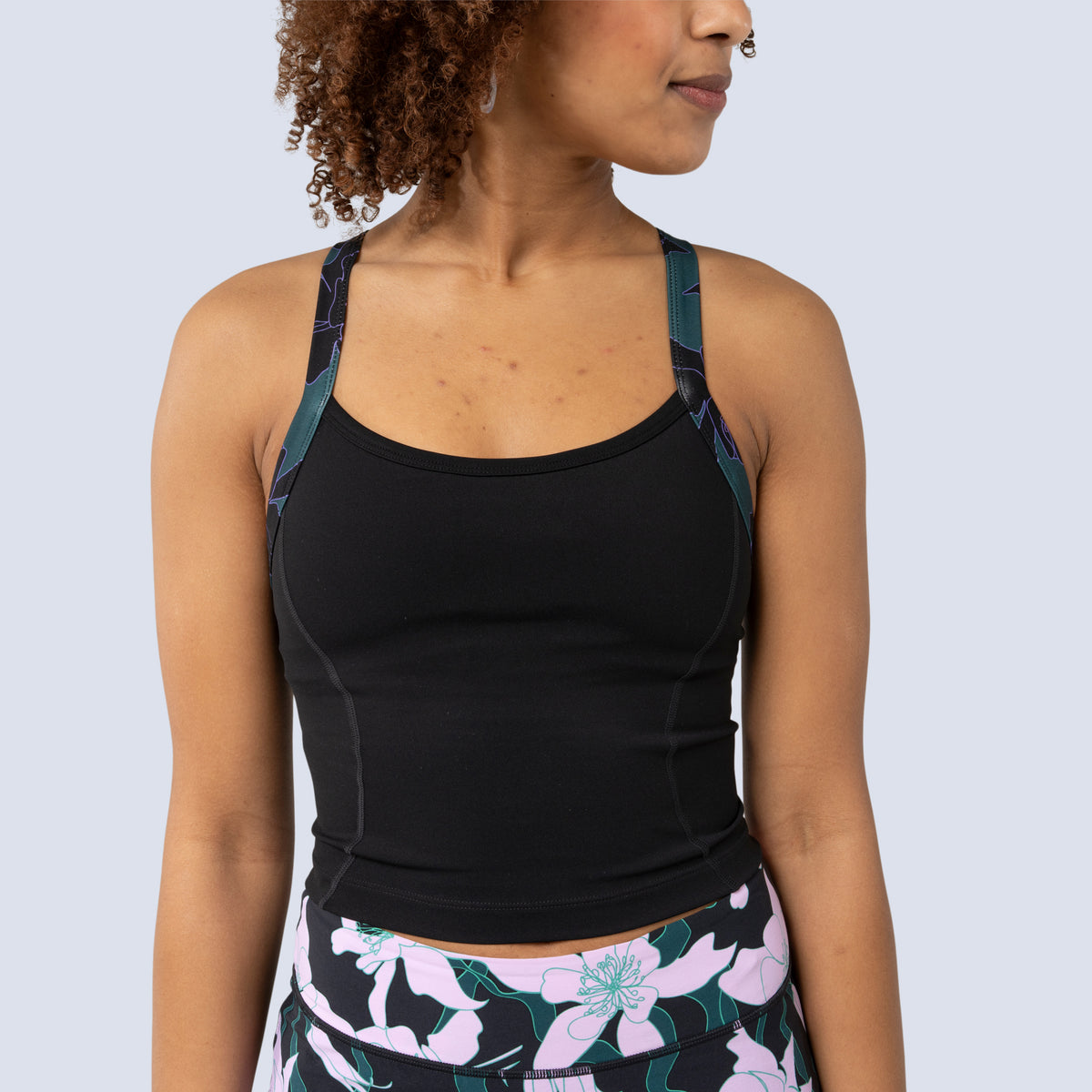 [Black] Lucille crop tank in black, on model front crop view