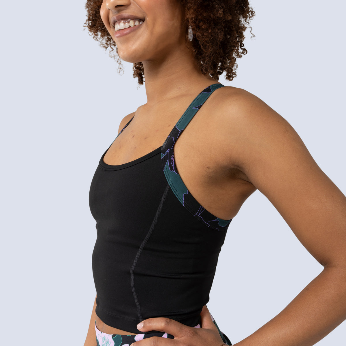 [Black] Lucille crop tank in black, on model side crop view