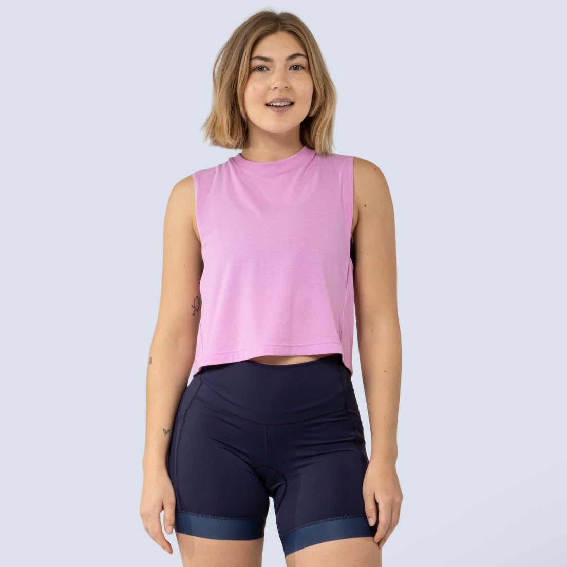 [Alpenglow] Keller Crop Tank Alpenglow Pink on model front crop view