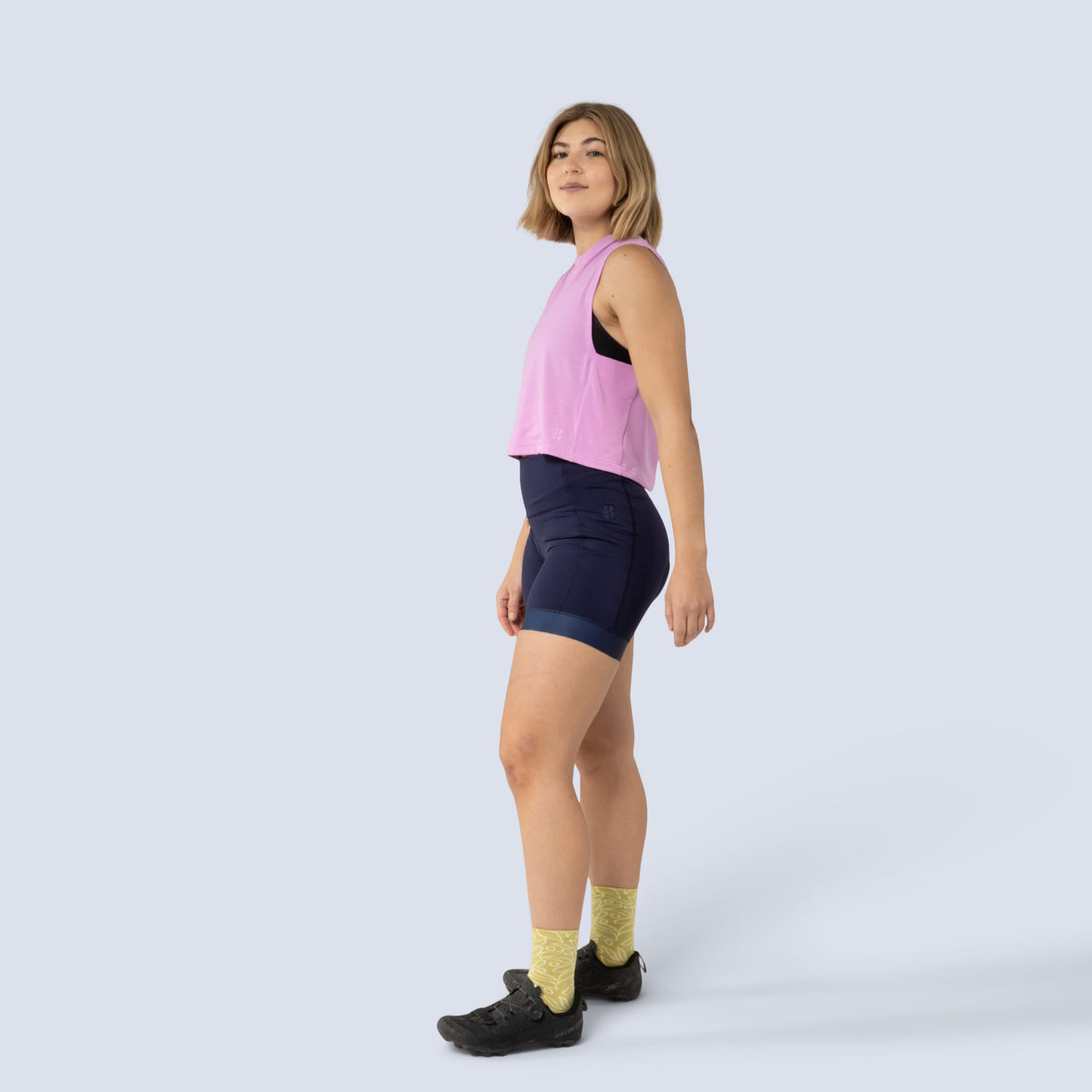 [Alpenglow] Keller Crop Tank Alpenglow Pink on model side full body view
