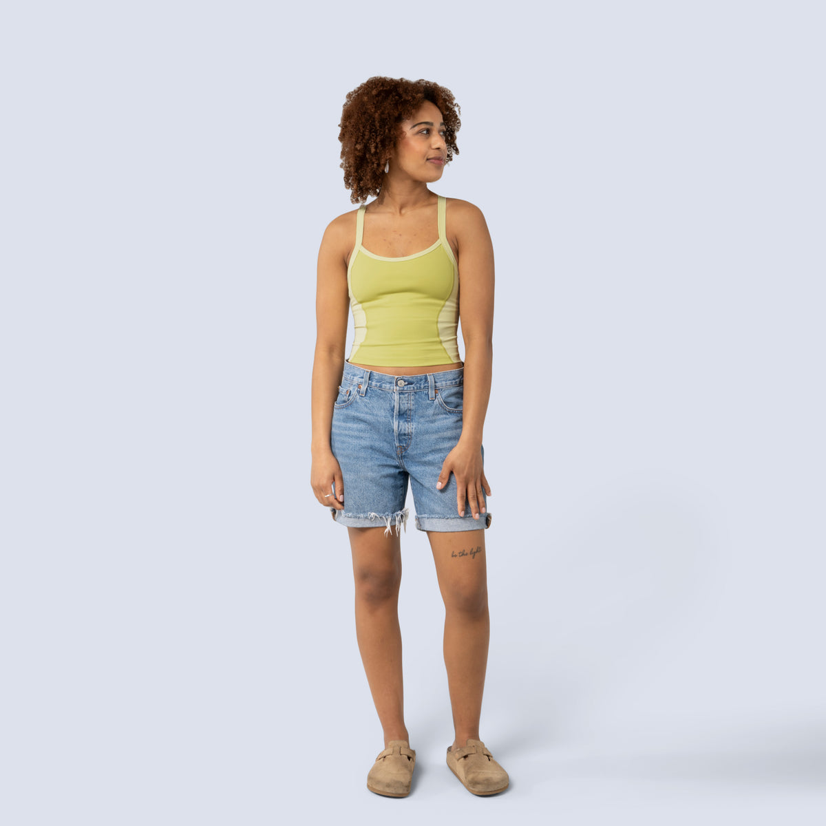 [Gecko Blocked] Lucille crop tank in yellow color block, on model front full body view