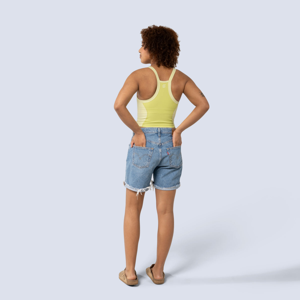 [Gecko Blocked] Lucille crop tank in yellow color block, on model back full body view