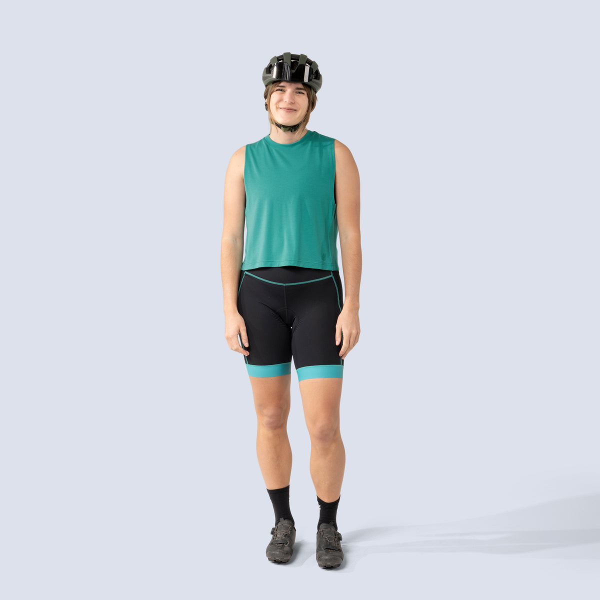 [Black Alhambra Blocked] Alyssa Chammy bike shorts in black with green leg bands, on model front full body view