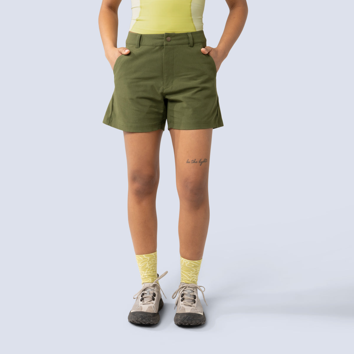 [Olive You] Esther Short in Olive you, on model front crop view