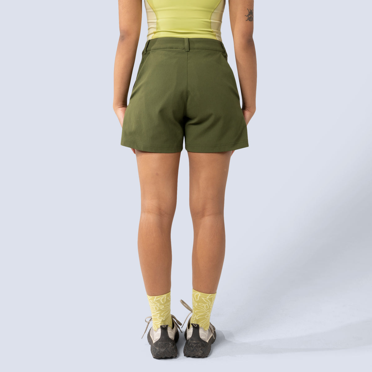 [Olive You] Esther Short in Olive you, on model back crop view