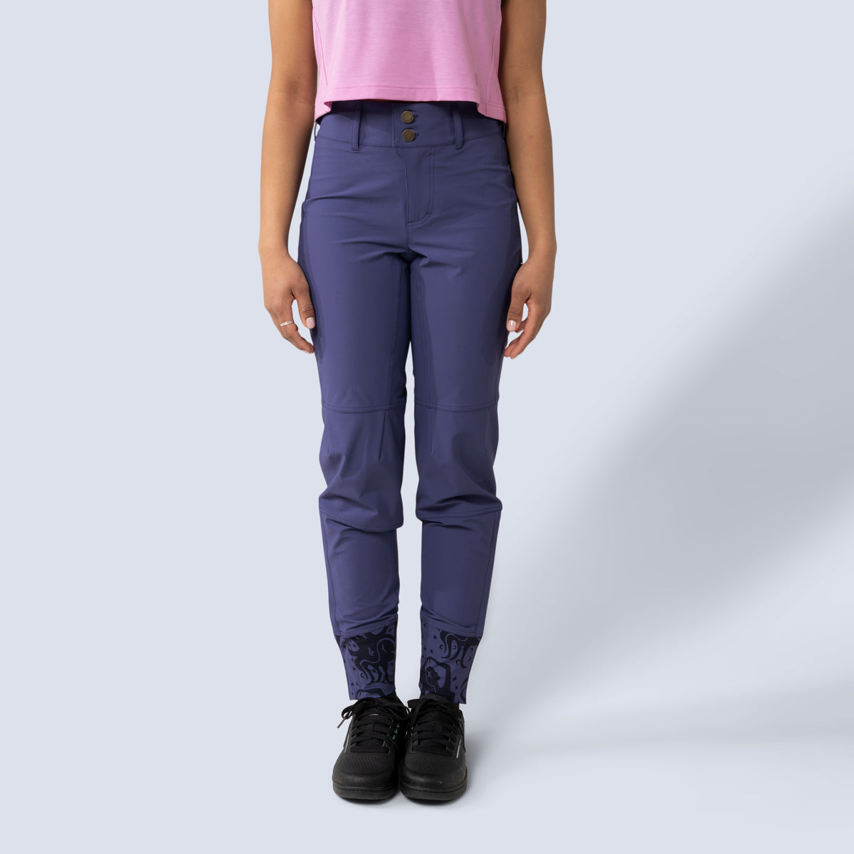 [Reflections] Person wearing purple freyah pants front crop view