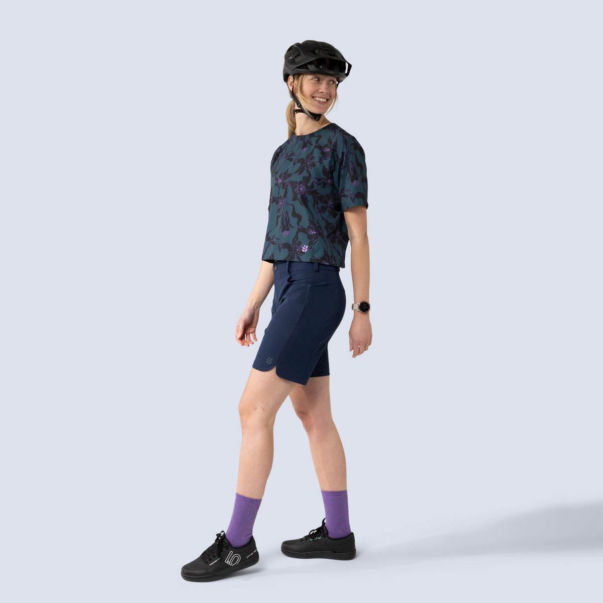 [Spruce Aquila Bloom] Easley Crop tee black and green floral, on model front full body view