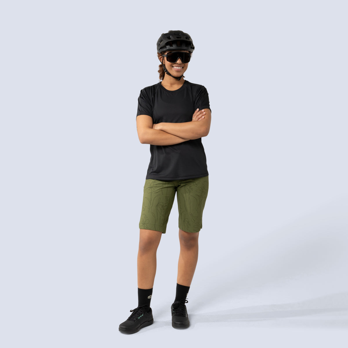 [Olive You] Freel 12" bike short olive green on model front full body view
