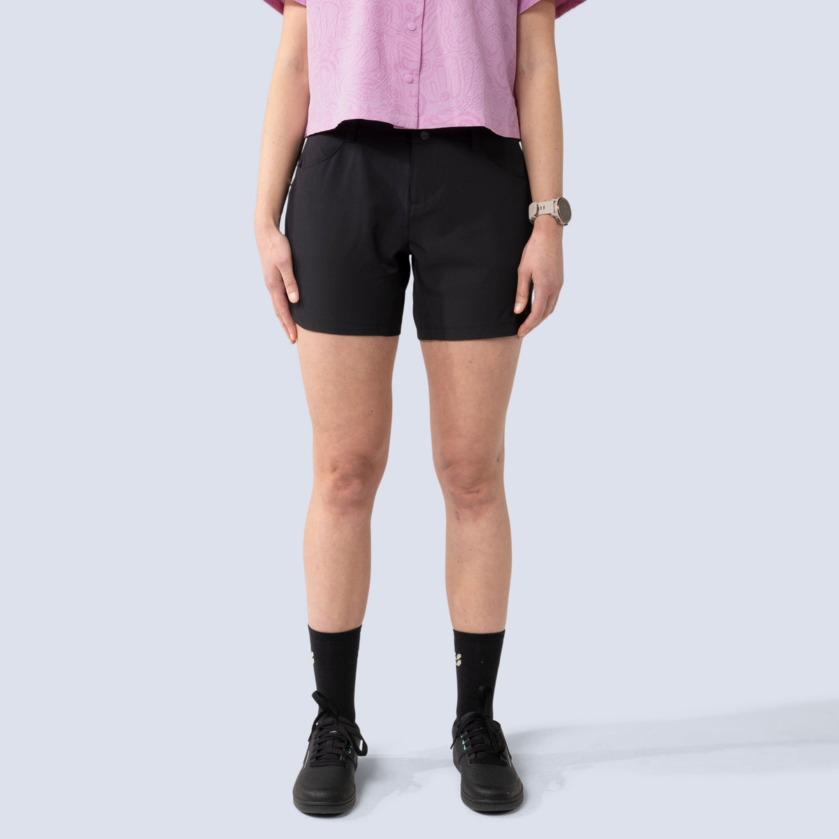 [Black] Rita Short in black, on model front crop view