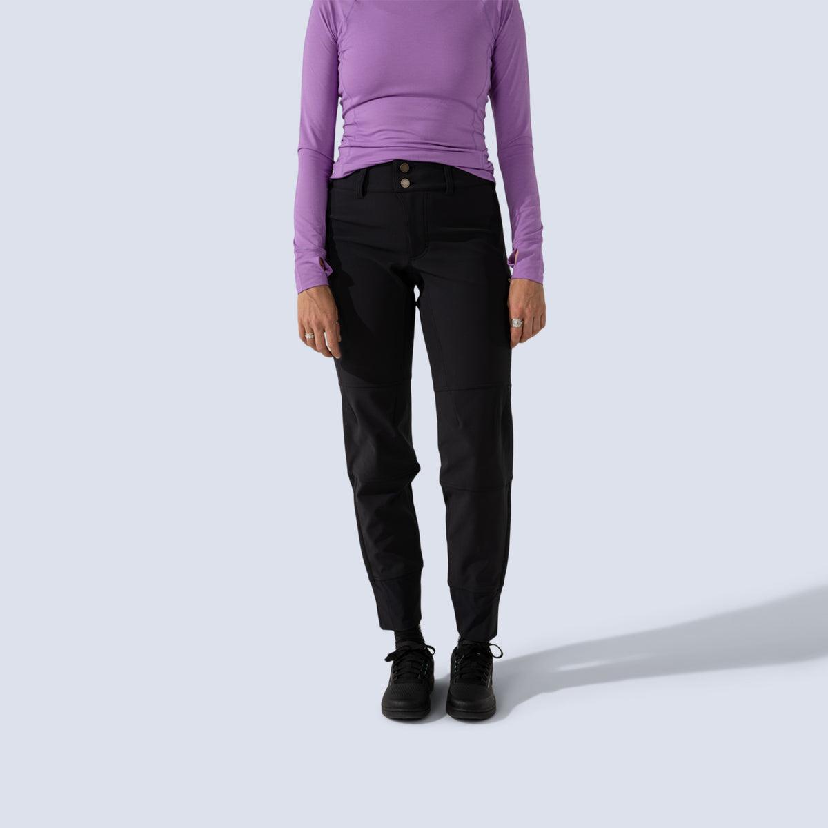 Black softshell freyah pant, model front crop view