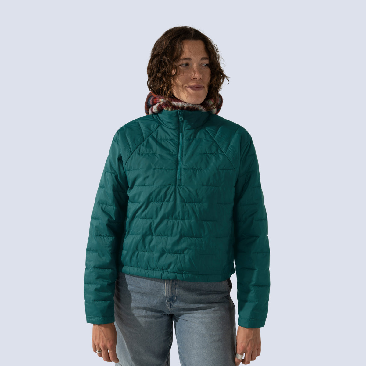 [Shaded Spruce] Payette insulated pullover in shaded spruce, on model front crop view