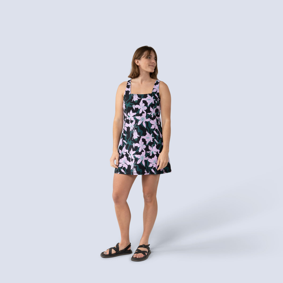 [Black Aquila Bloom] Parker Action Dress in Black with pink floral pattern, on model front full body view