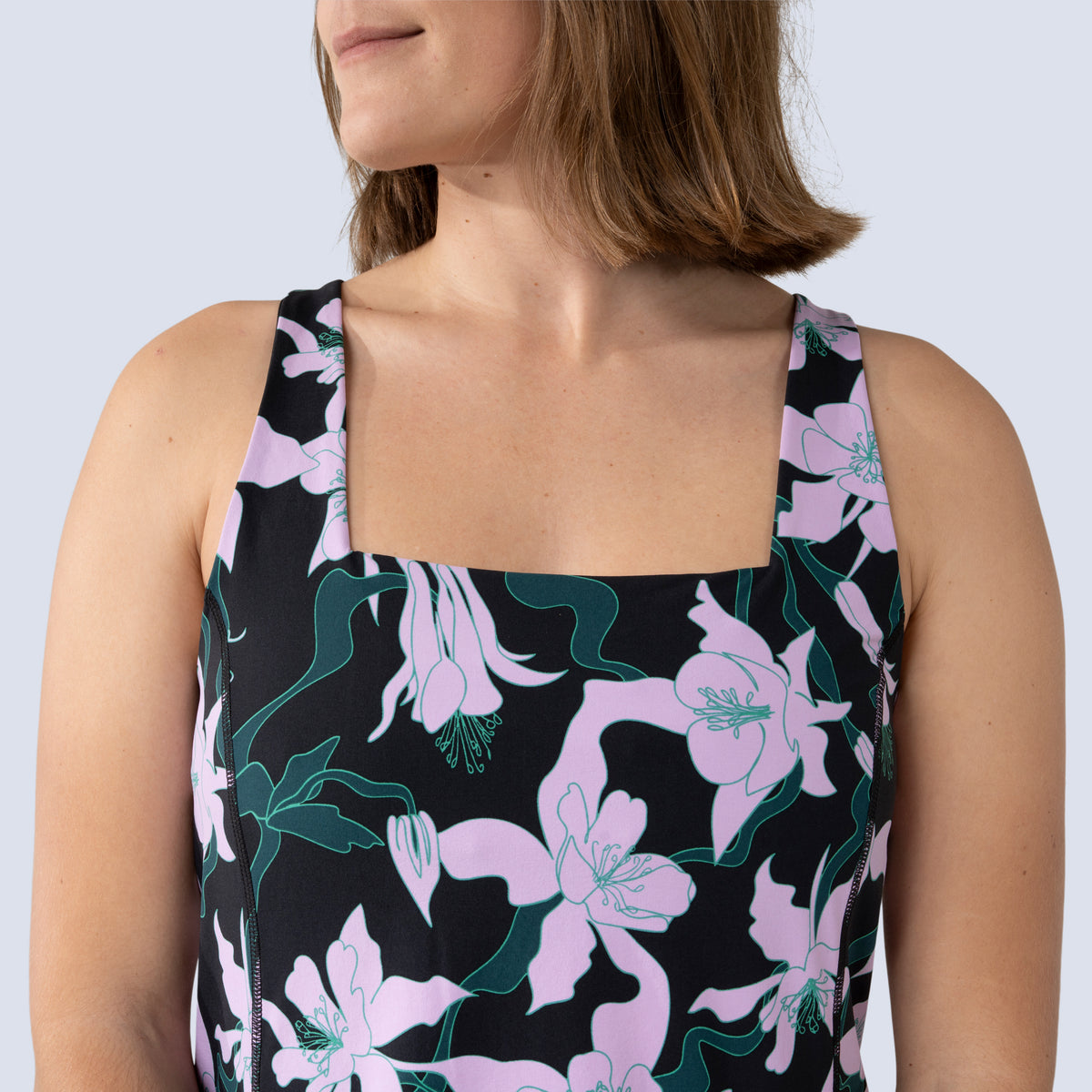 [Black Aquila Bloom] Parker Action Dress in Black with pink floral pattern, square neckline detail