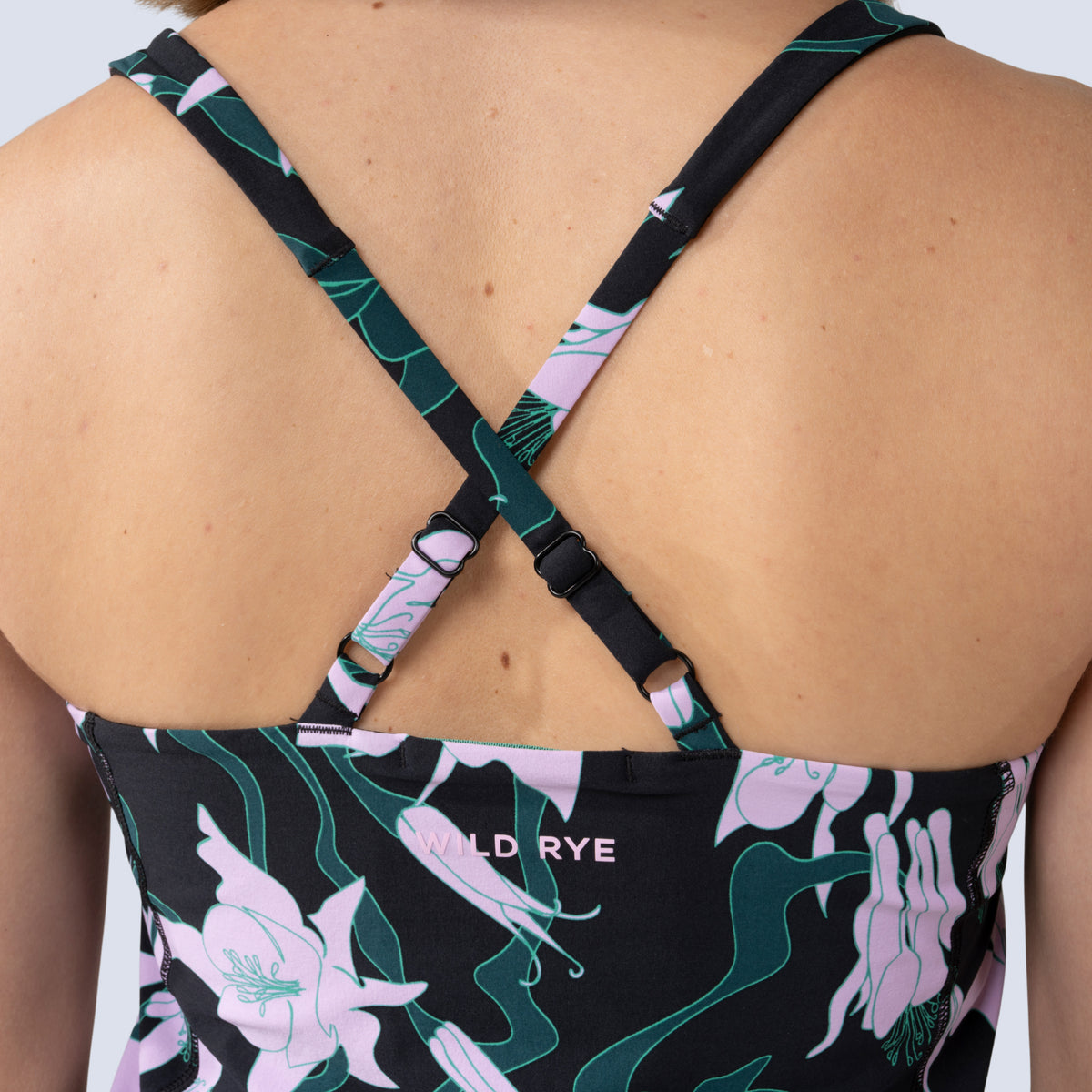 [Black Aquila Bloom] Parker Action Dress in Black with pink floral pattern, adjustable strap detail