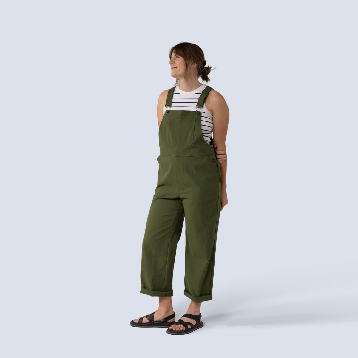 [Olive You] Emmett Overall in olive you, on model front full body view