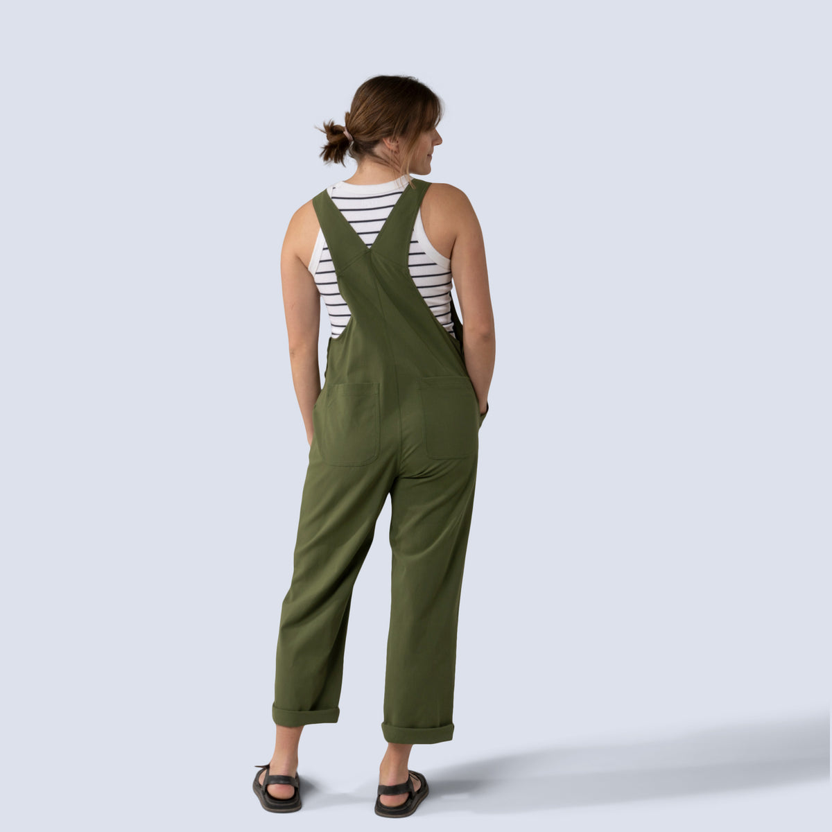 [Olive You] Emmett Overall in olive you, on model back full body view