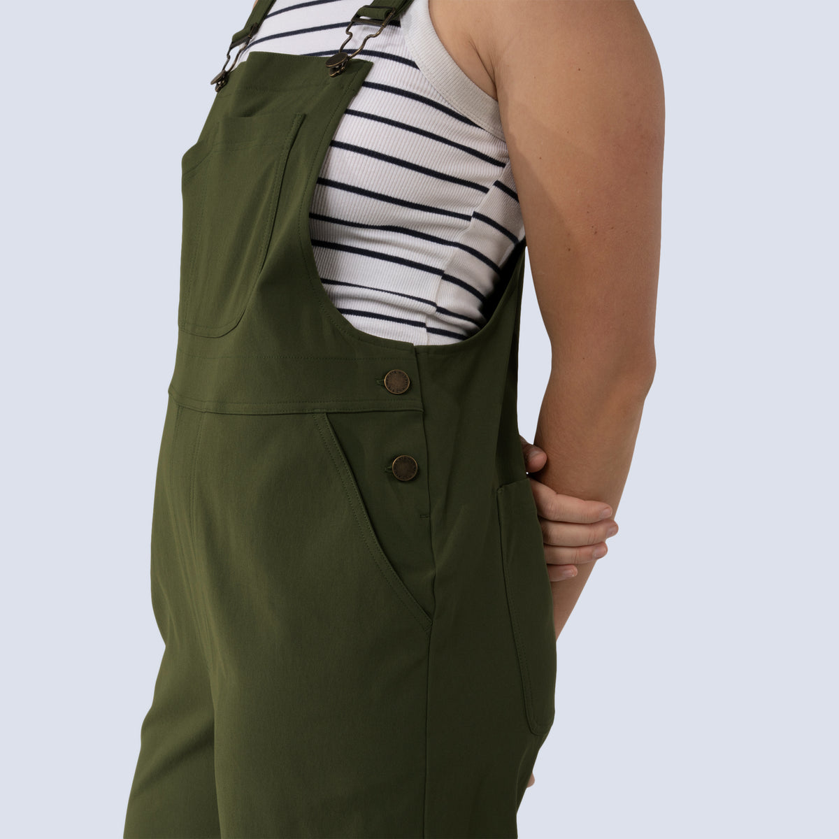 [Olive You] Emmett Overall in olive you, side button detail