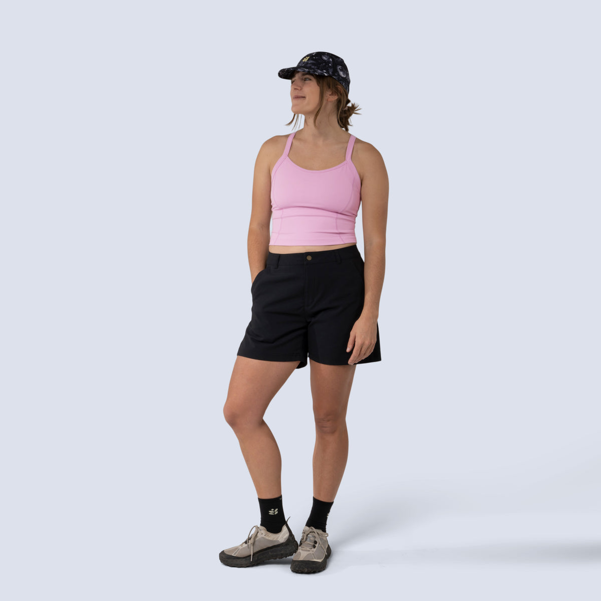 [Alpenglow] Lucille crop tank in alpenglow pink, on model front full body view