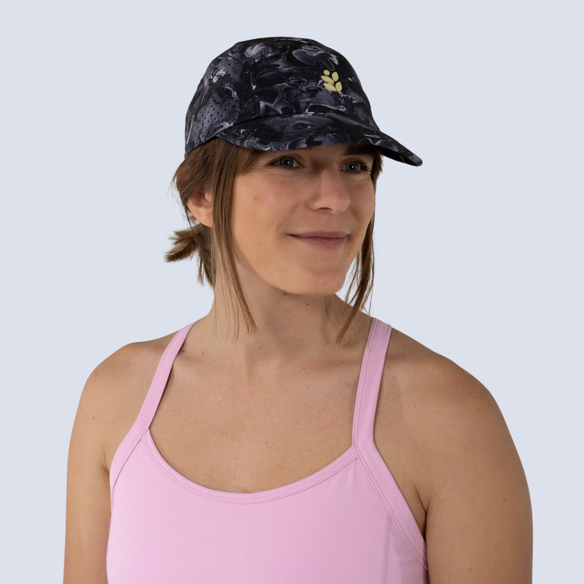 [Greyscale Marble] Pungo Cap in Greyscale Bloom, on model front view